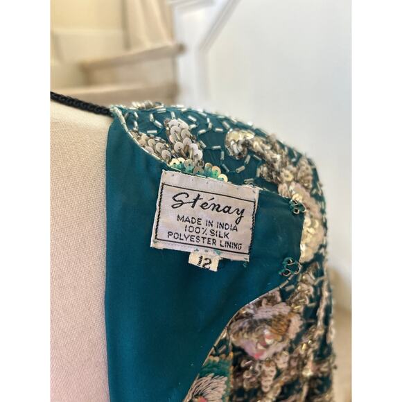 Vintage Teal Blue & Silver Beaded Floral Silk Sheath Dress - Picture 4 of 8